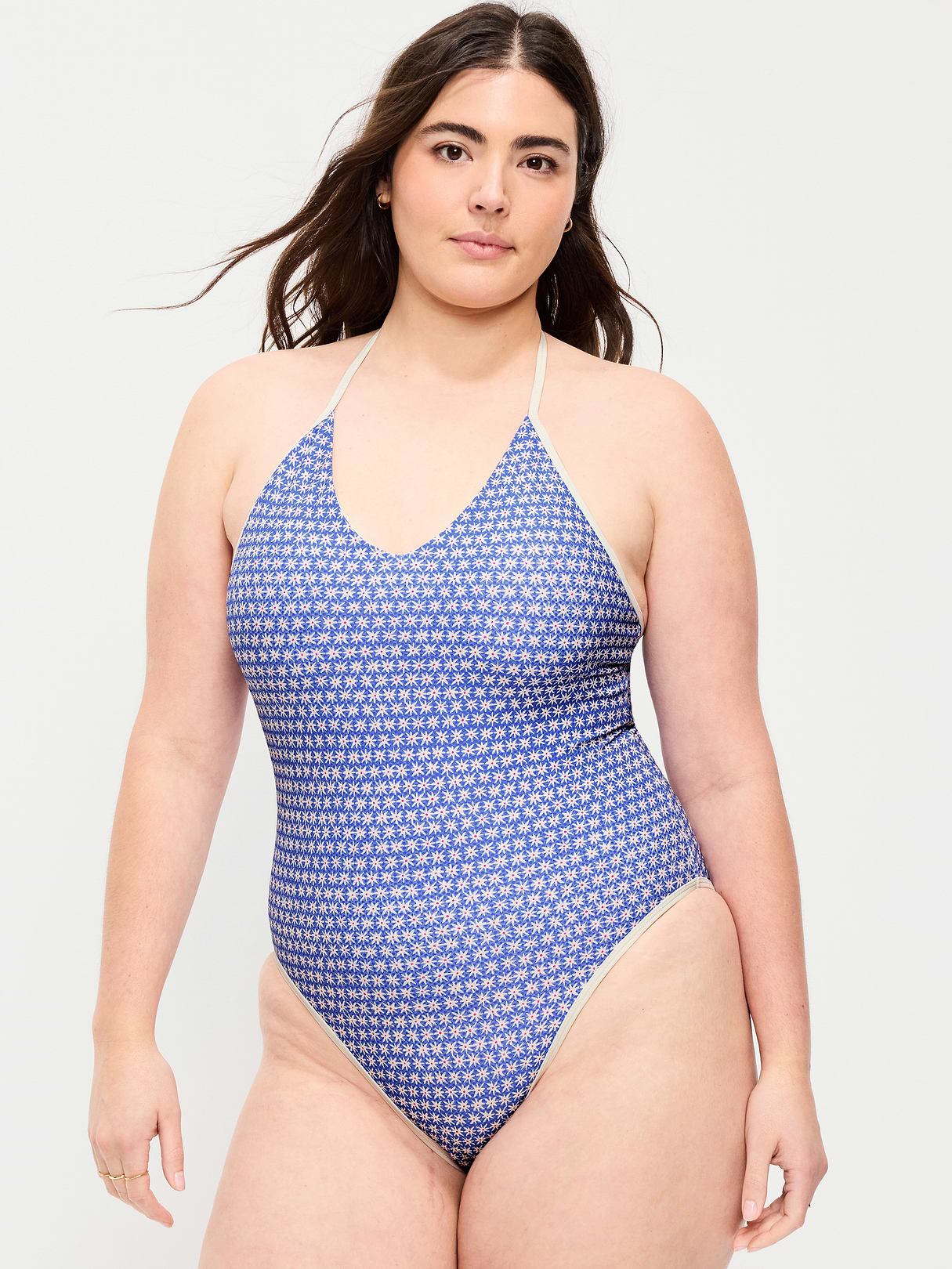 Pique V-Neck Halter Swimsuit - Blue Ditsy Floral