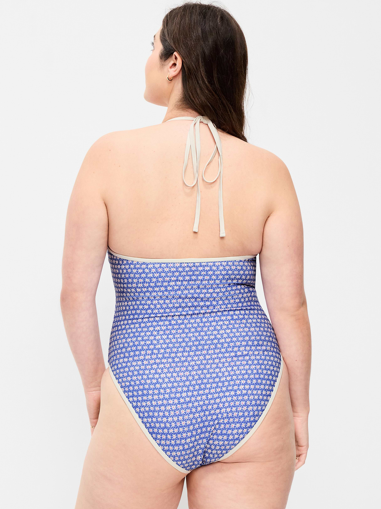 Pique V-Neck Halter Swimsuit - Blue Ditsy Floral