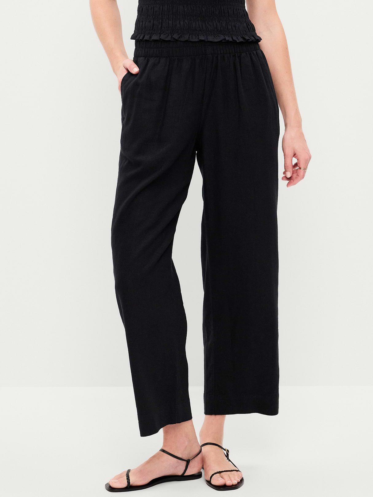 High-Waisted Linen-Blend Straight Ankle Pants - Black Jack