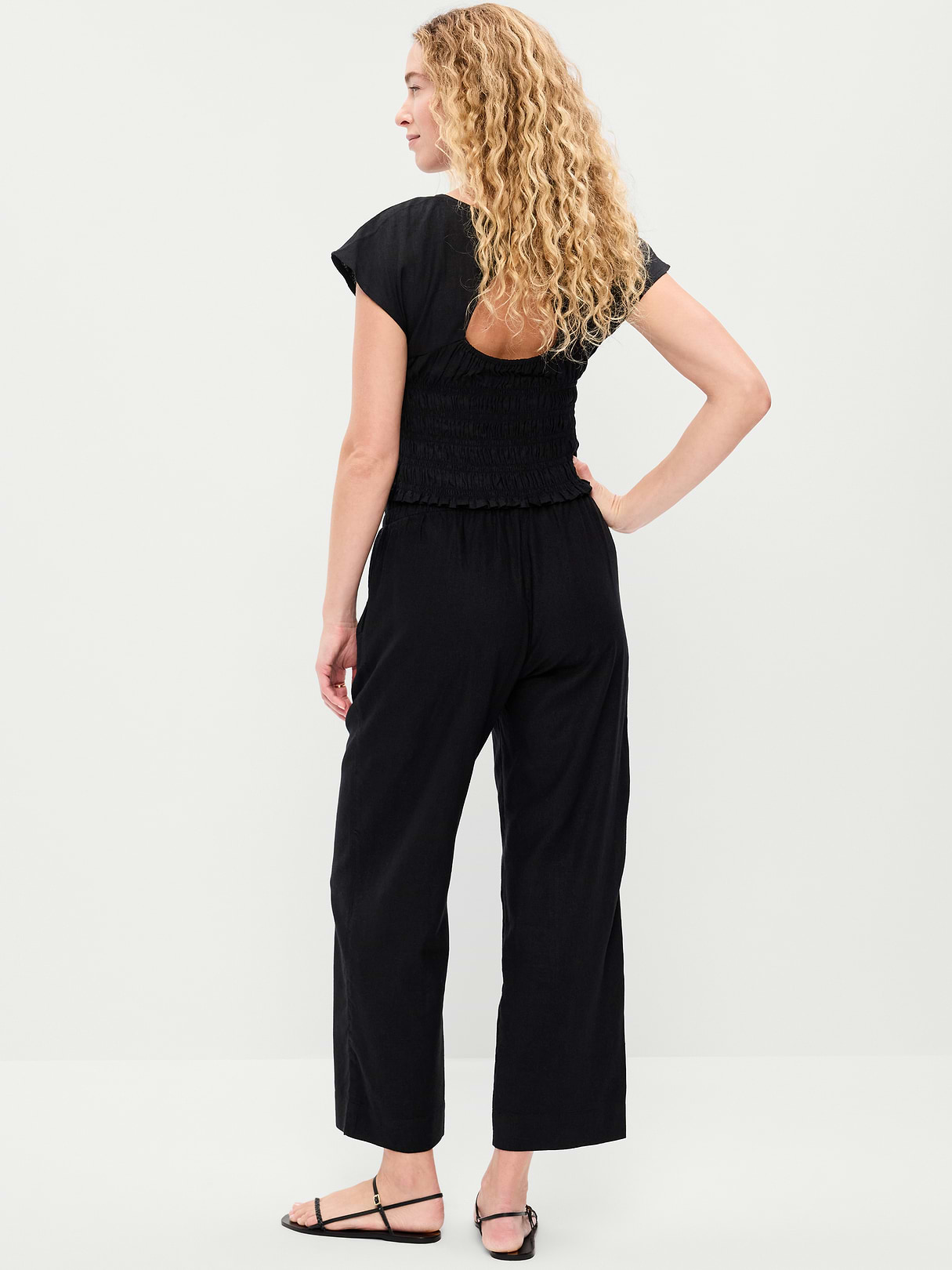 High-Waisted Linen-Blend Straight Ankle Pants - Black Jack