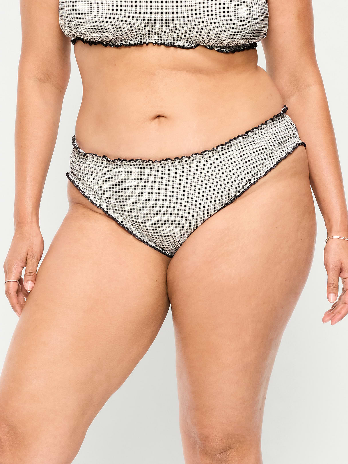 Mid-Rise Ruffle Trim Swim Bottoms - Pique Black/White Gingham