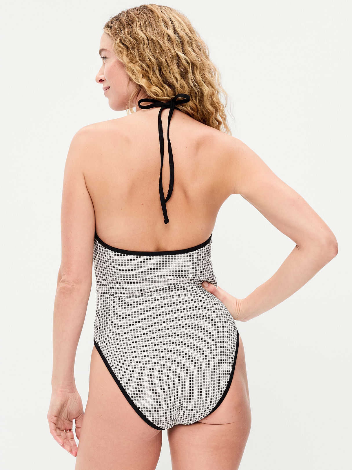 Pique V-Neck Halter Swimsuit - Black/White Gingham