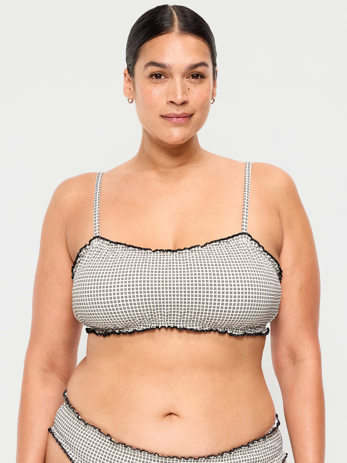 Scoop-Neck Ruffle Swim Top - Pique Black/White Gingham