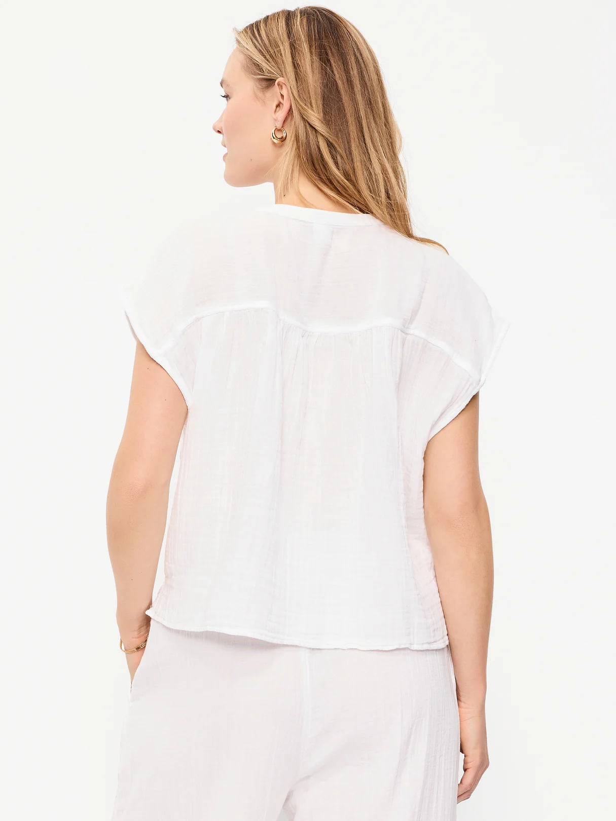 Short-Sleeve Crinkle Gauze Popover Top - White Lilies