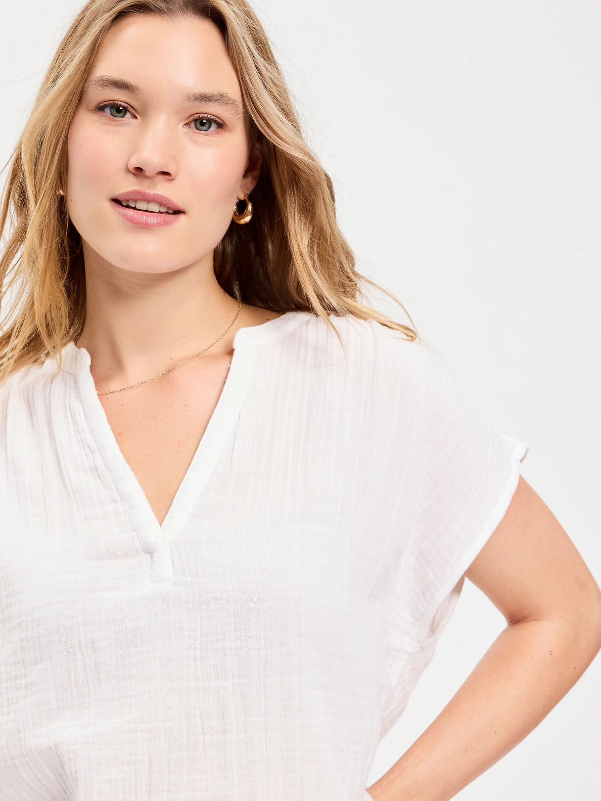 Short-Sleeve Crinkle Gauze Popover Top - White Lilies