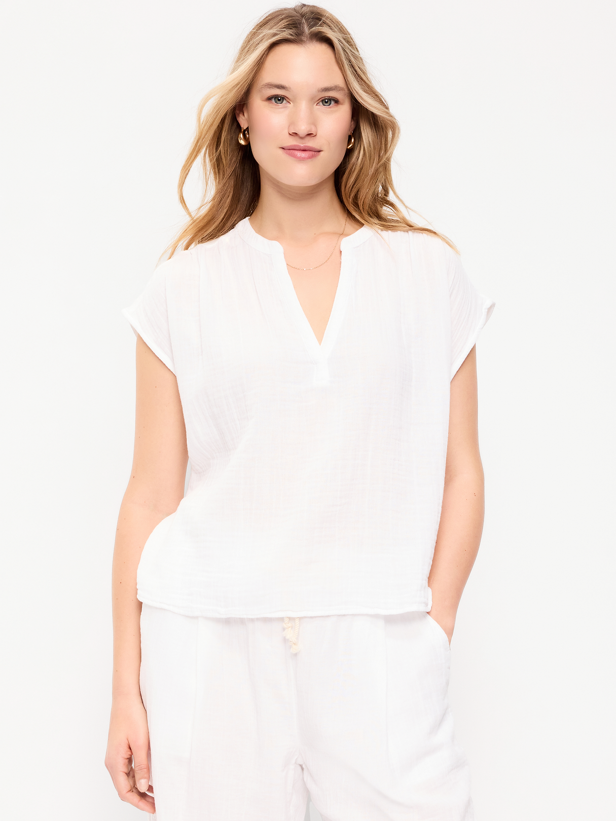 Short-Sleeve Crinkle Gauze Popover Top - White Lilies