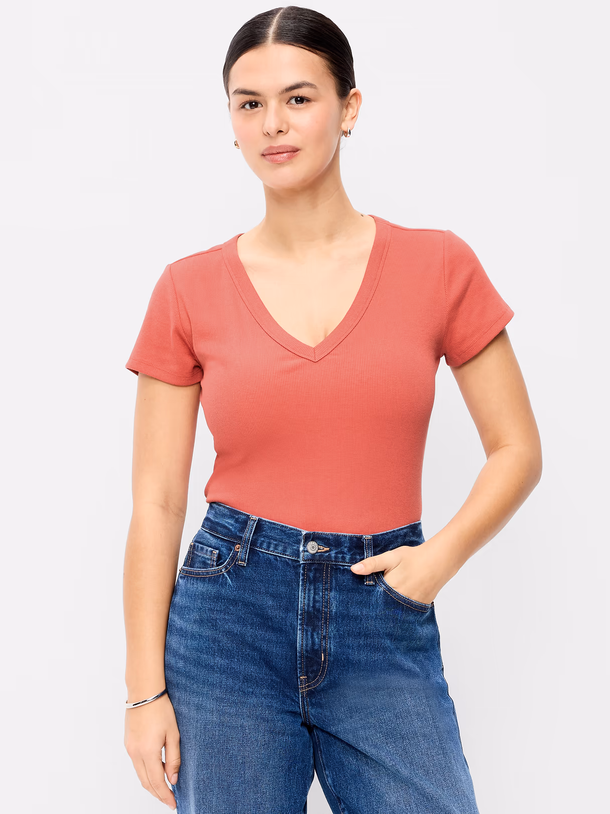 Snug Crop V-Neck Ribbed T-Shirt - Cactus Bloom