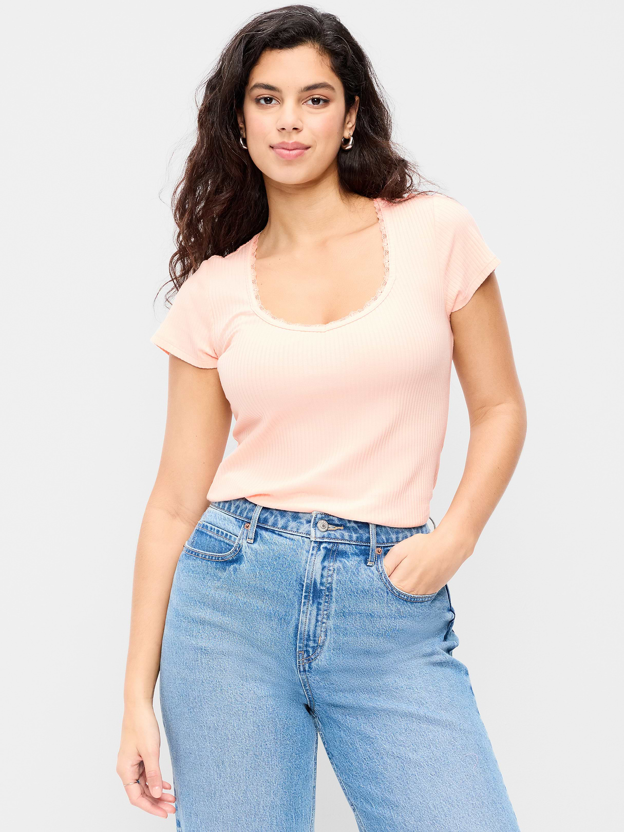 Lace-Trim Sweetheart-Neck Ribbed Top - Peach Gelato