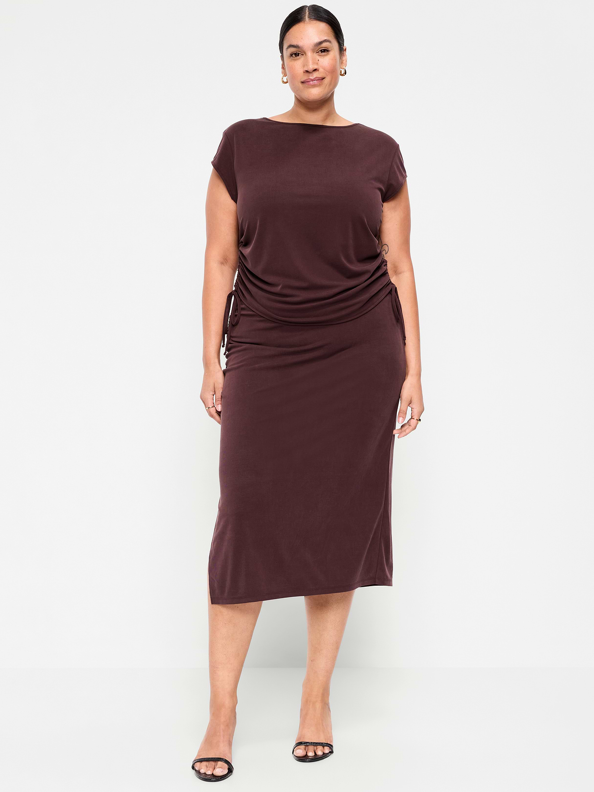 Ruched Midi Skirt - Plum Brown