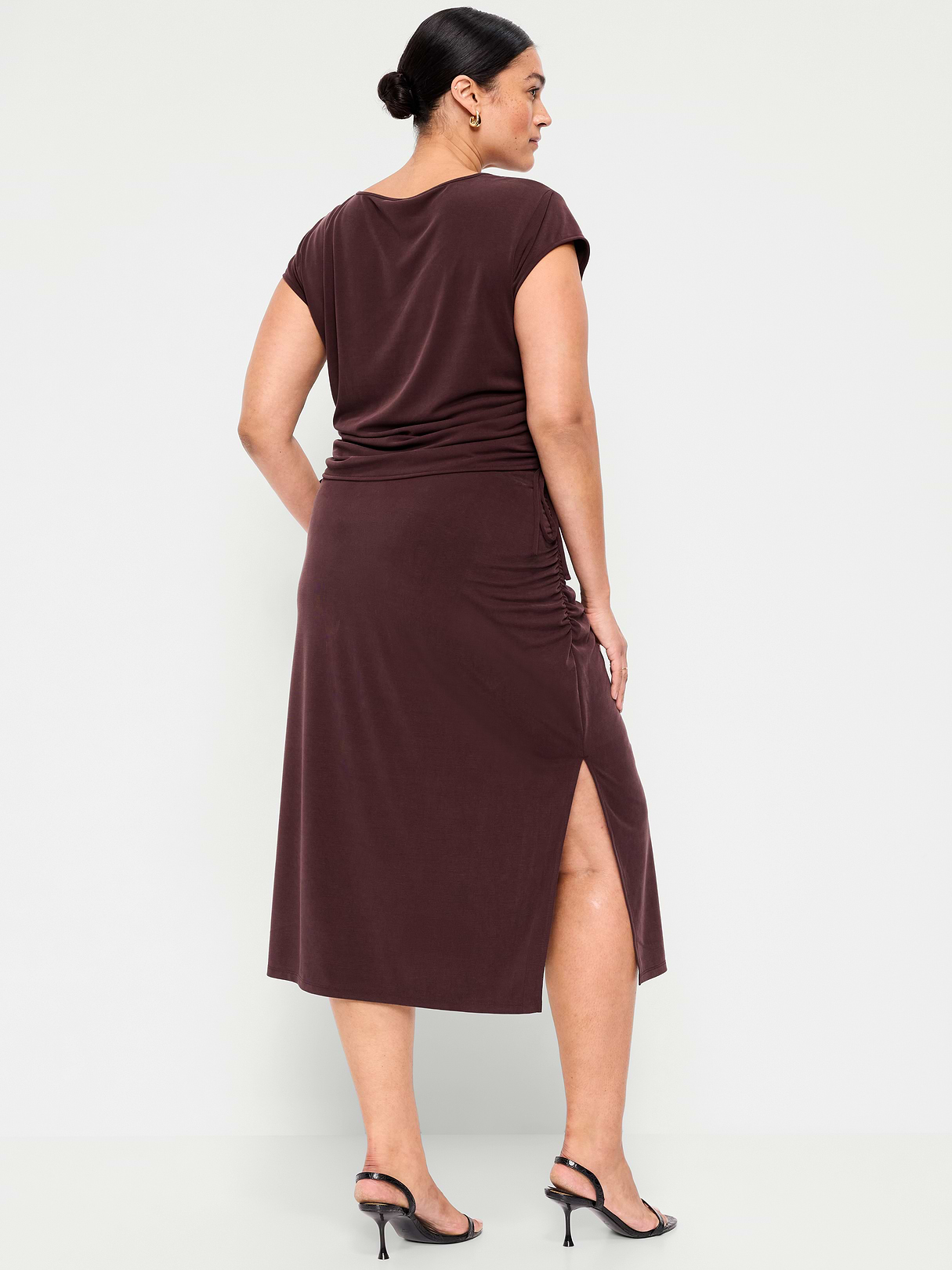Ruched Midi Skirt - Plum Brown