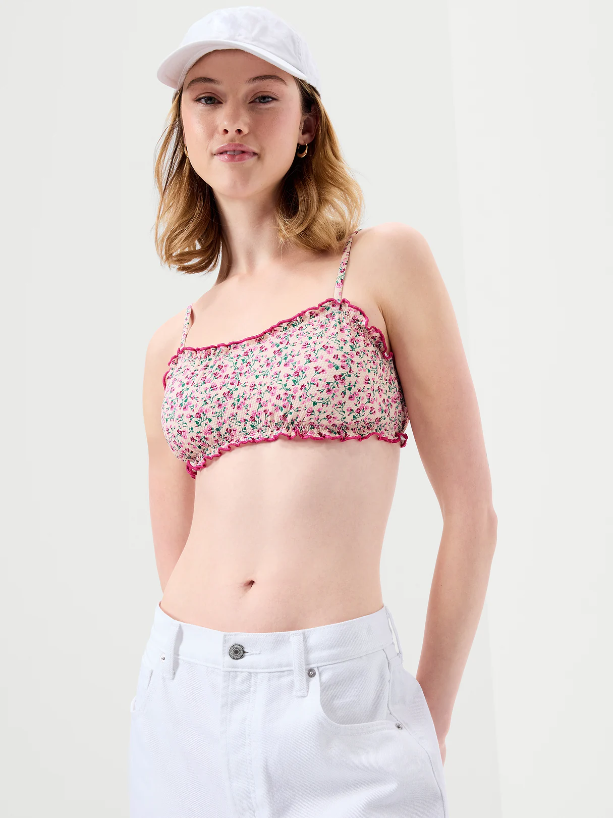 Scoop-Neck Ruffle Swim Top - Pique Pink Floral