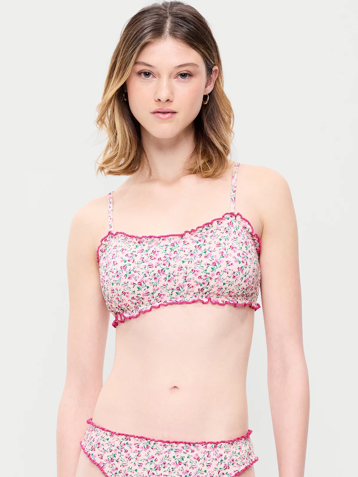 Scoop-Neck Ruffle Swim Top - Pique Pink Floral