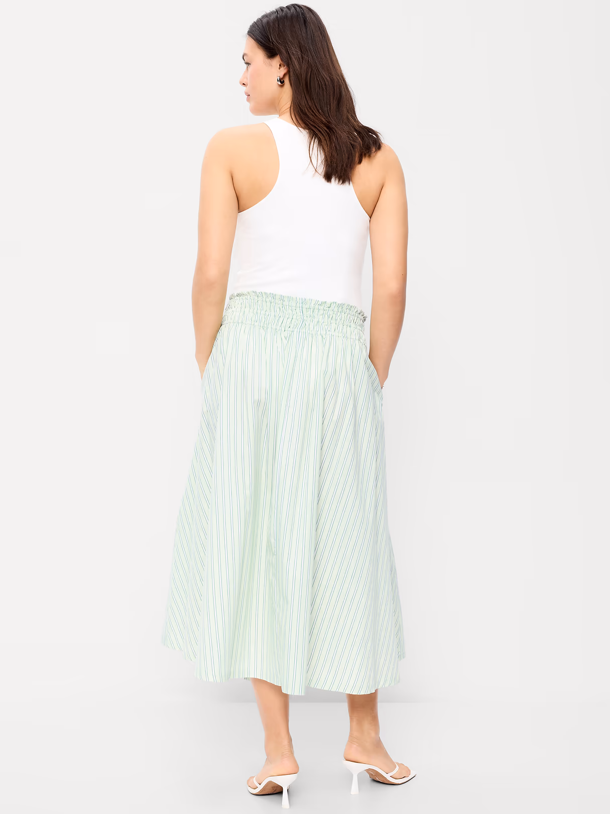 Smocked-Waist Midi Skirt - Green Stripe