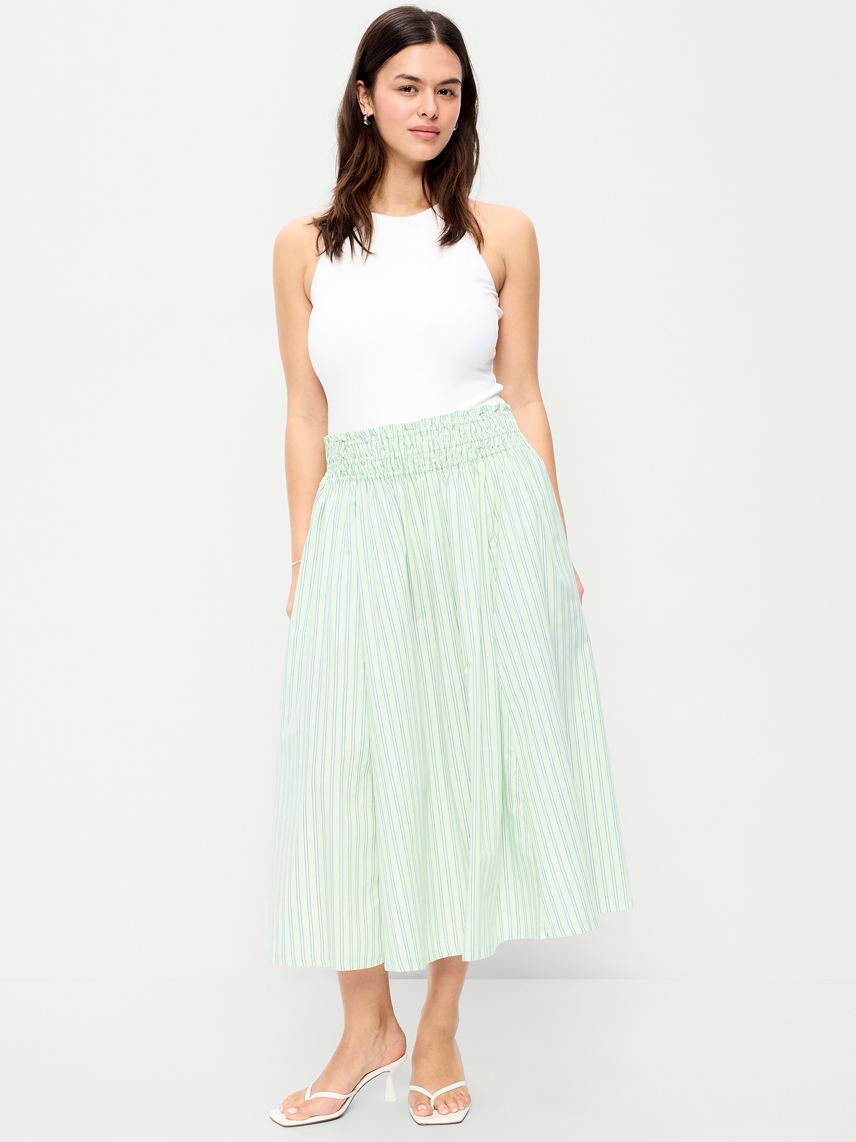 Smocked-Waist Midi Skirt - Green Stripe