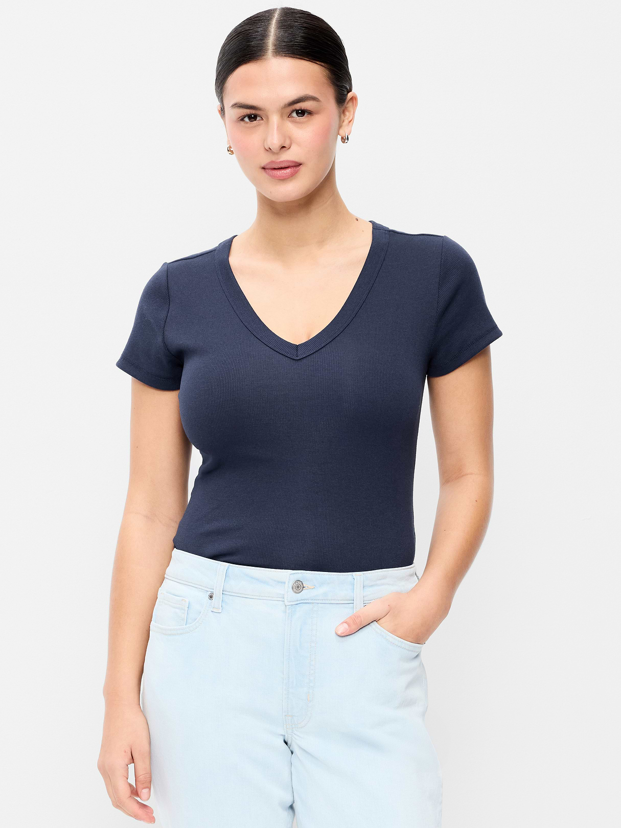 Snug Crop V-Neck Ribbed T-Shirt - Arctic Depth