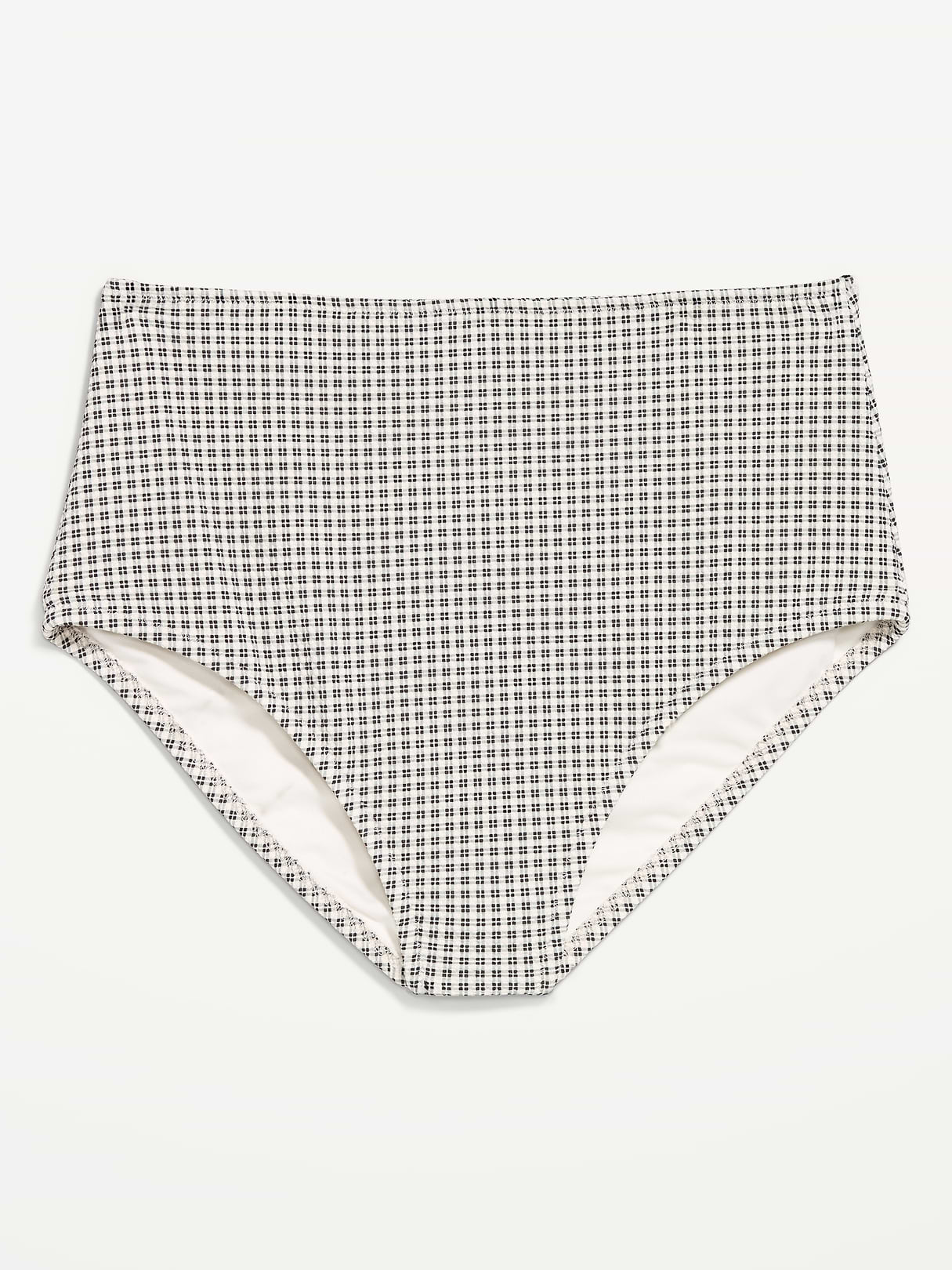 High-Waisted Ribbed Bikini Swim Bottoms - Black/White Gingham