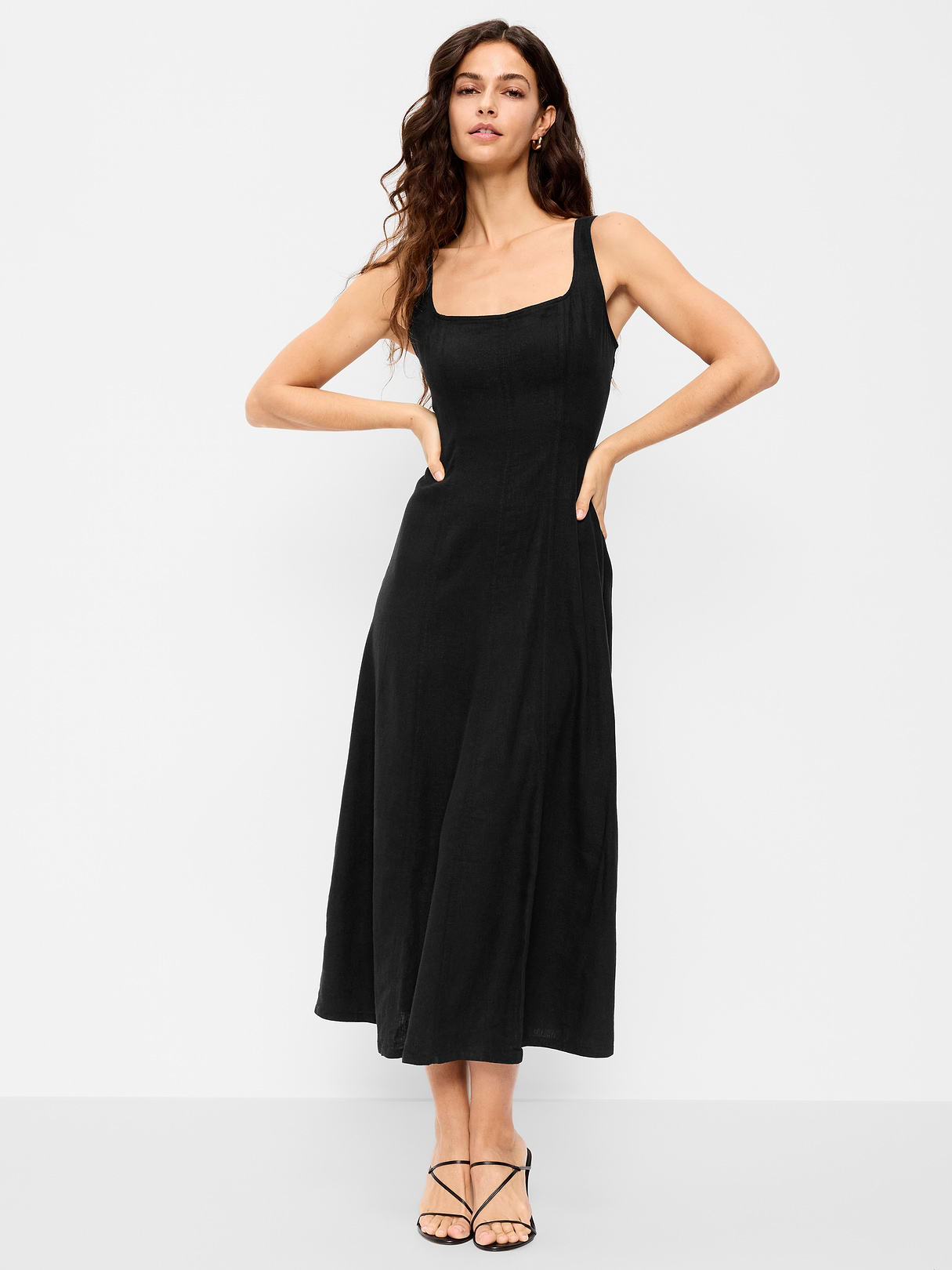Fit & Flare Sleeveless Linen-Blend Midi Dress - Black Jack