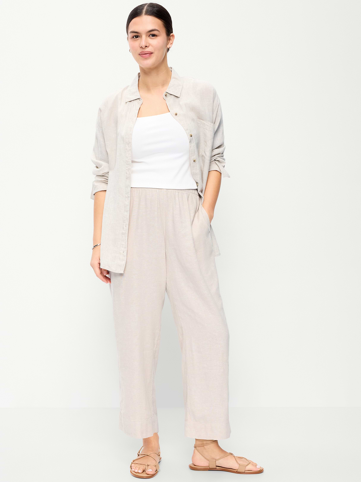 High-Waisted Linen-Blend Straight Ankle Pants - Flax Linen