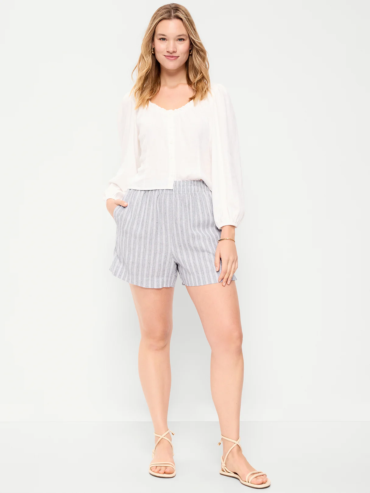 High-Waisted Beach Linen Pull-On Shorts - White & Blue Stripe