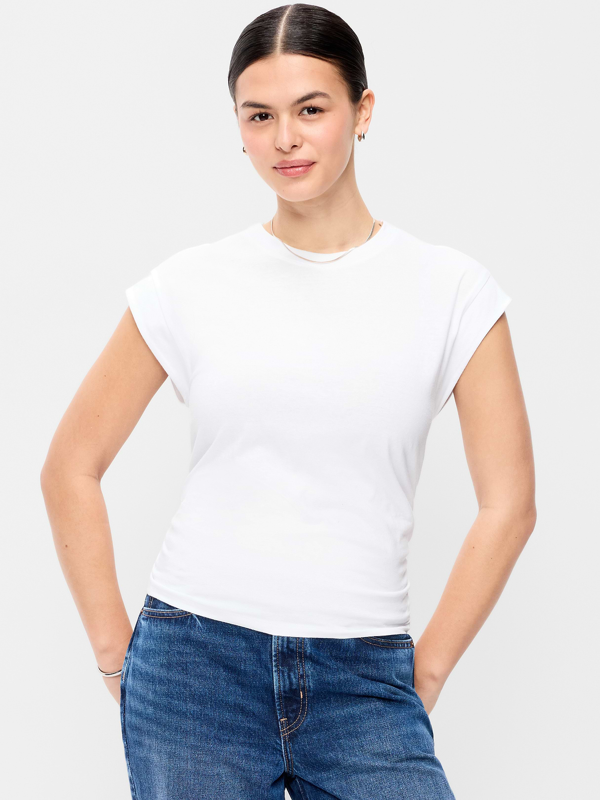 Cap-Sleeve Cinch-Waist Top - White Lilies