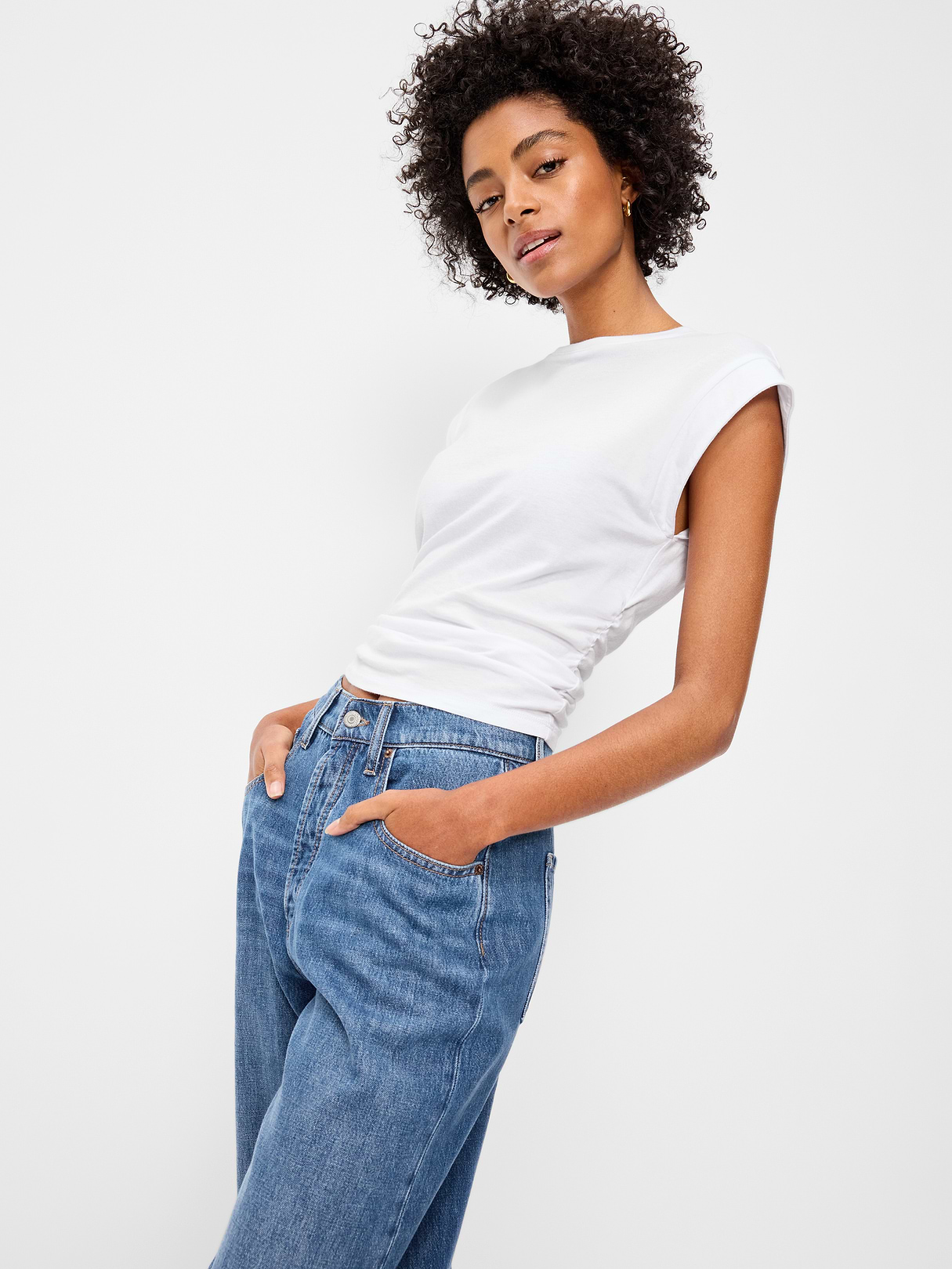 Cap-Sleeve Cinch-Waist Top - White Lilies