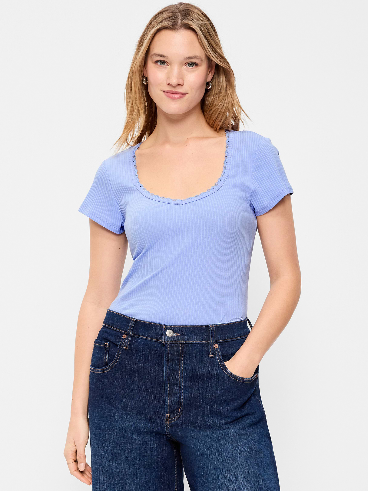Lace-Trim Sweetheart-Neck Ribbed Top - Flax Flower