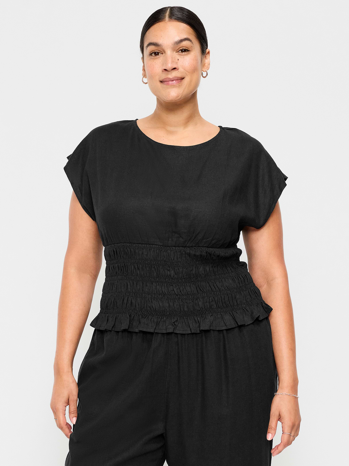 Linen-Blend Short-Sleeve Smocked Top - Black Jack