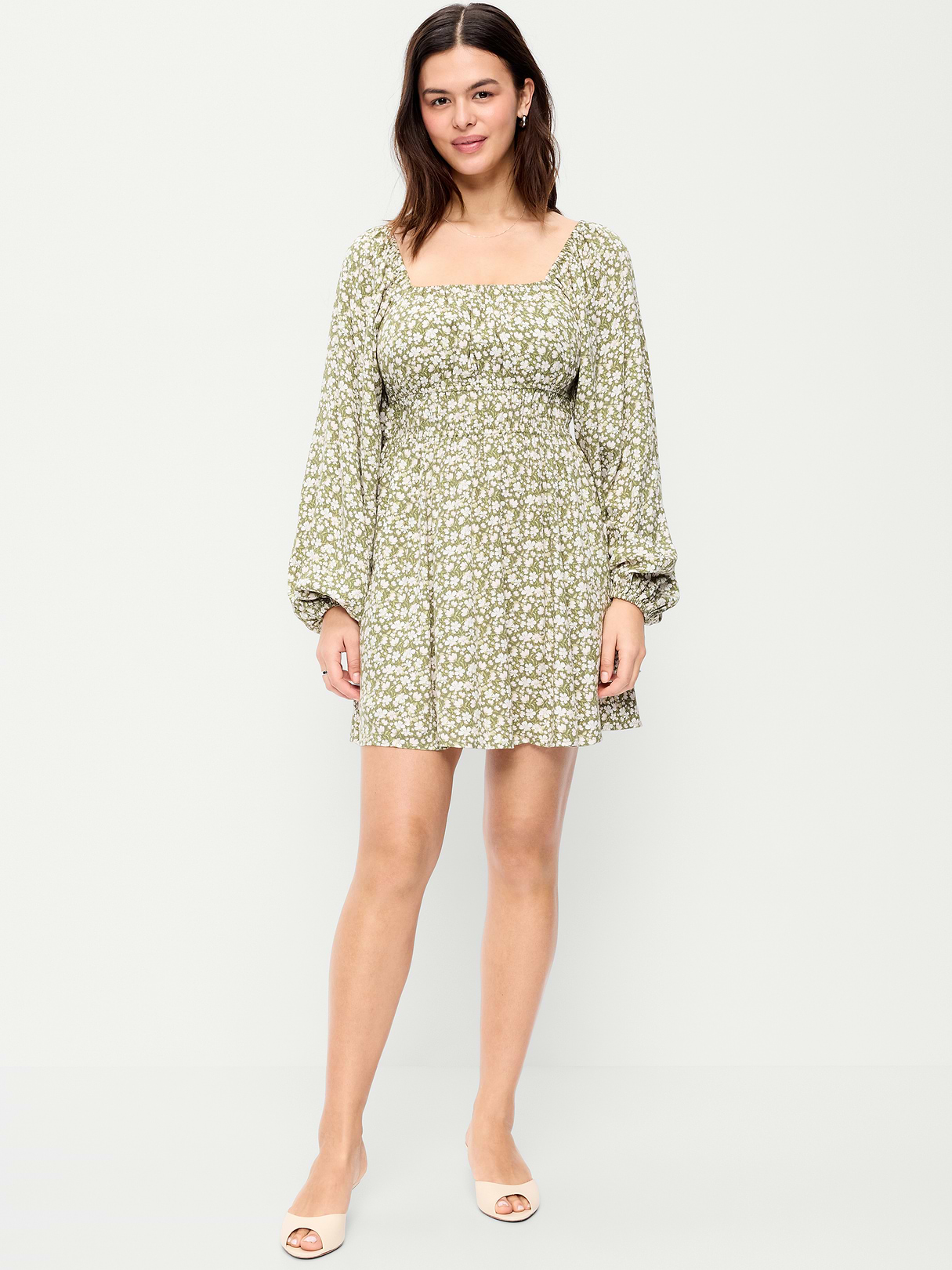 Long-Sleeve Square-Neck Mini Dress - Green Floral