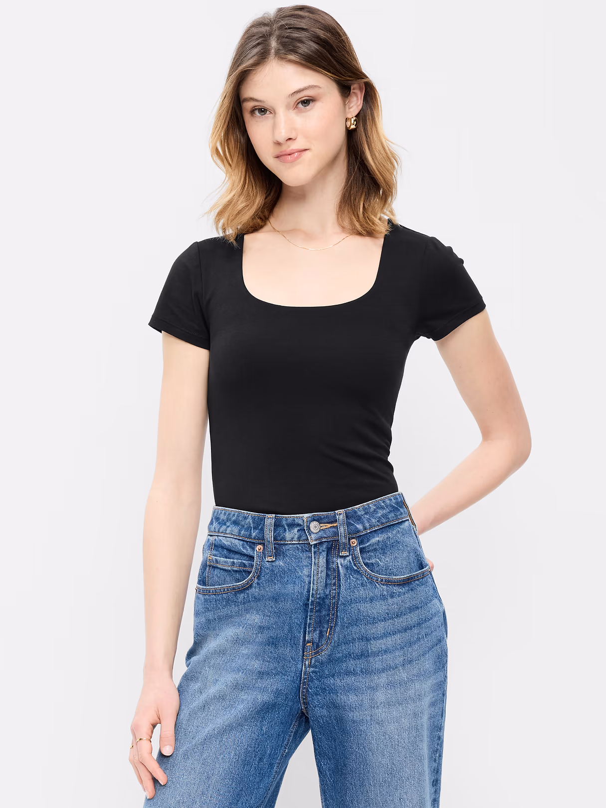 Hug Double-Layer Scoop-Neck Top - Black Jack