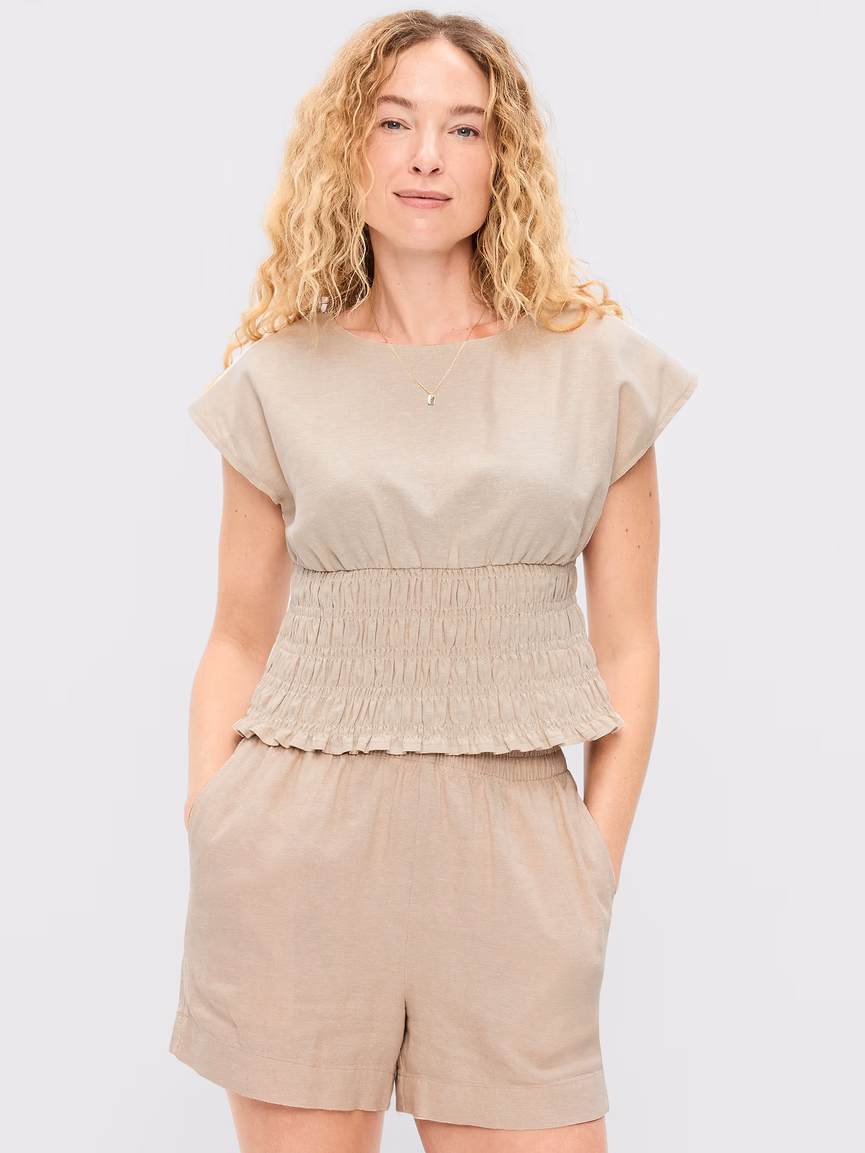 Linen-Blend Short-Sleeve Smocked Top - Flax Linen