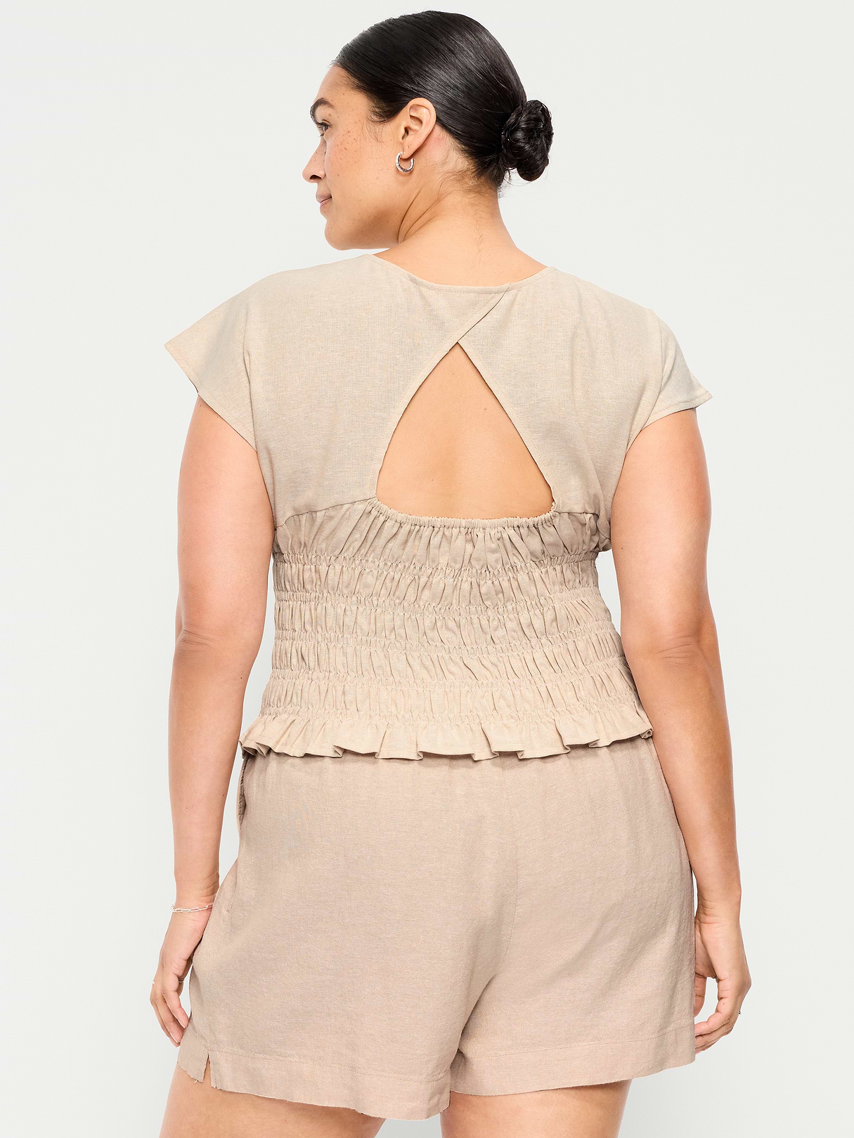 Linen-Blend Short-Sleeve Smocked Top - Flax Linen