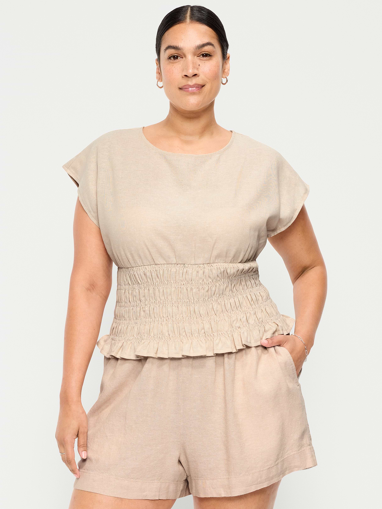 Linen-Blend Short-Sleeve Smocked Top - Flax Linen