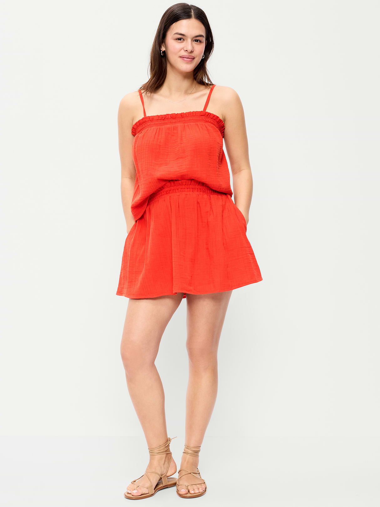 Crinkle Gauze Ruffle Waist Mini Skort - Ornament Orange