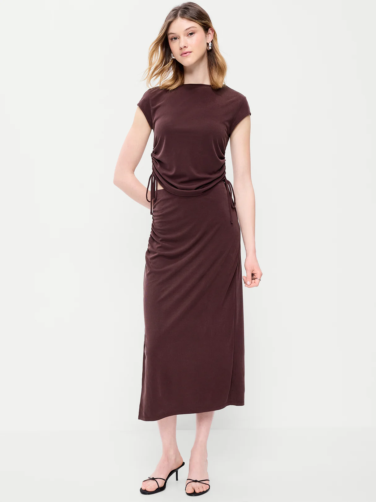 Ruched Midi Skirt - Plum Brown