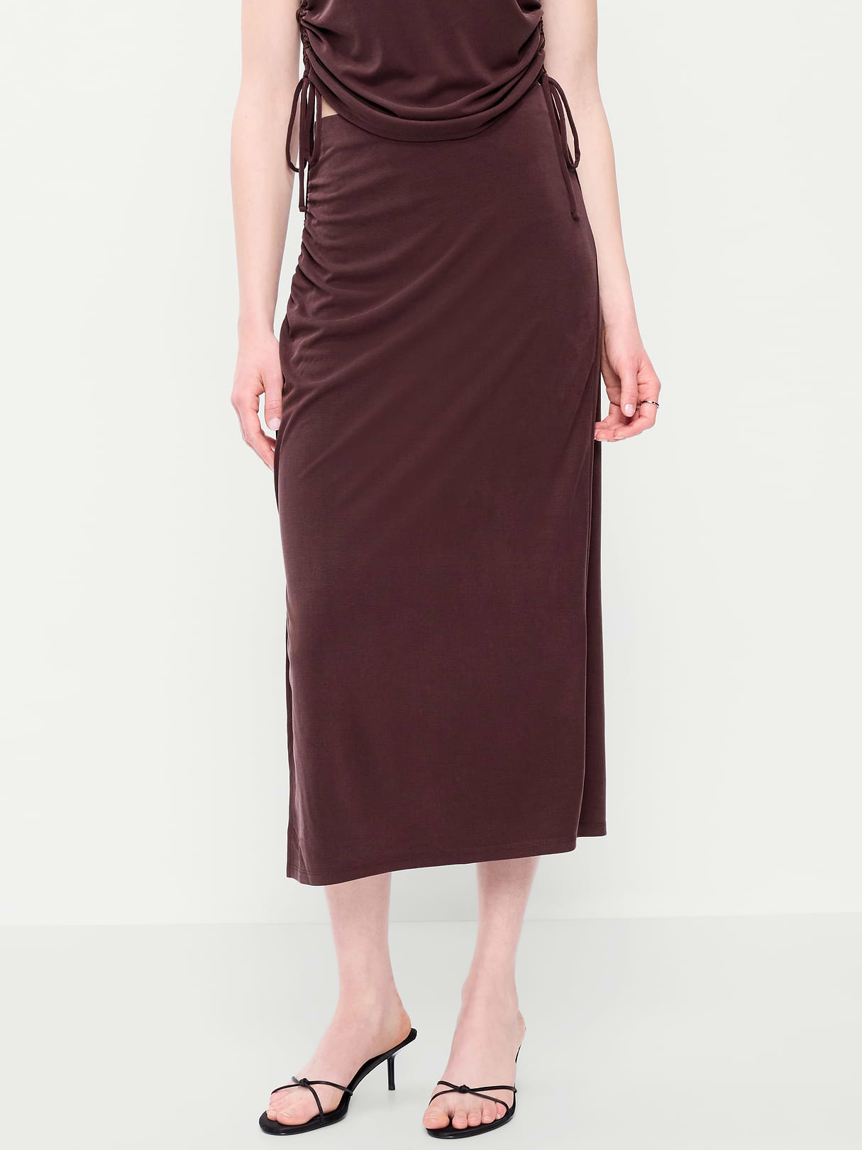 Ruched Midi Skirt - Plum Brown