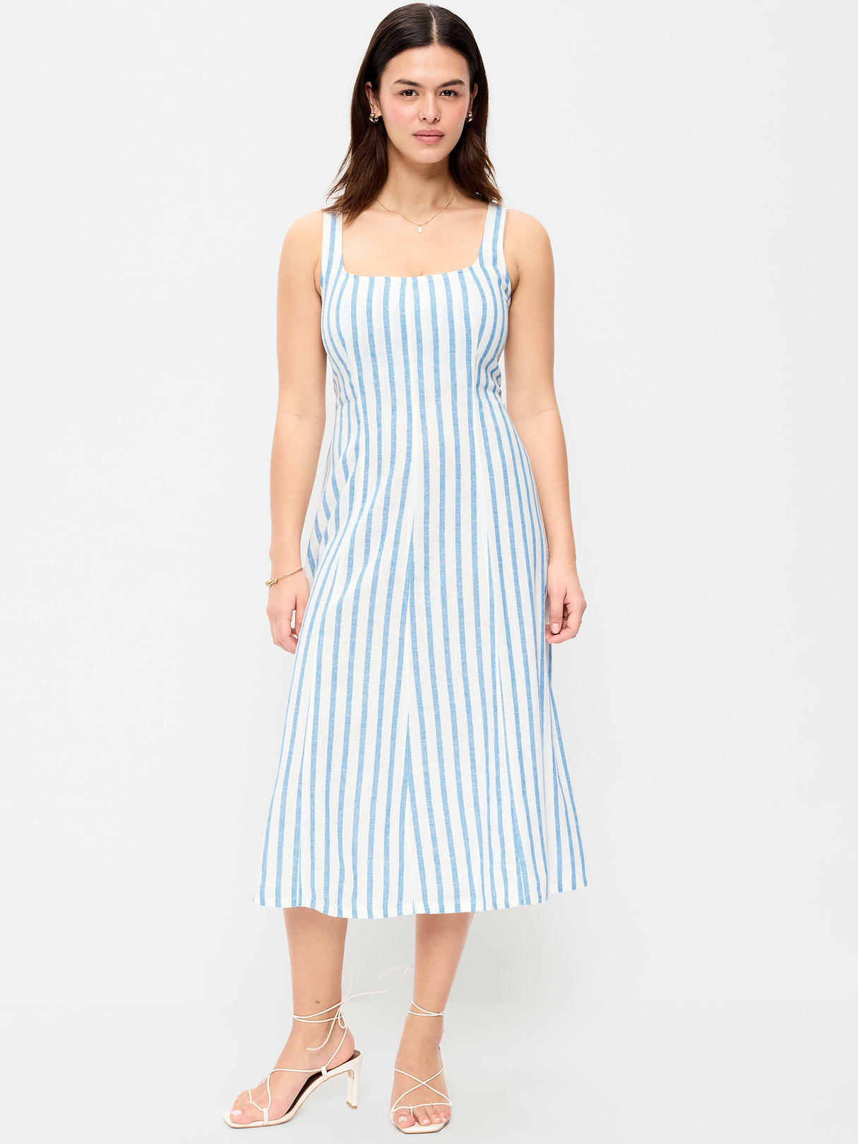 Fit & Flare Sleeveless Linen-Blend Midi Dress - Blue & White Stripe
