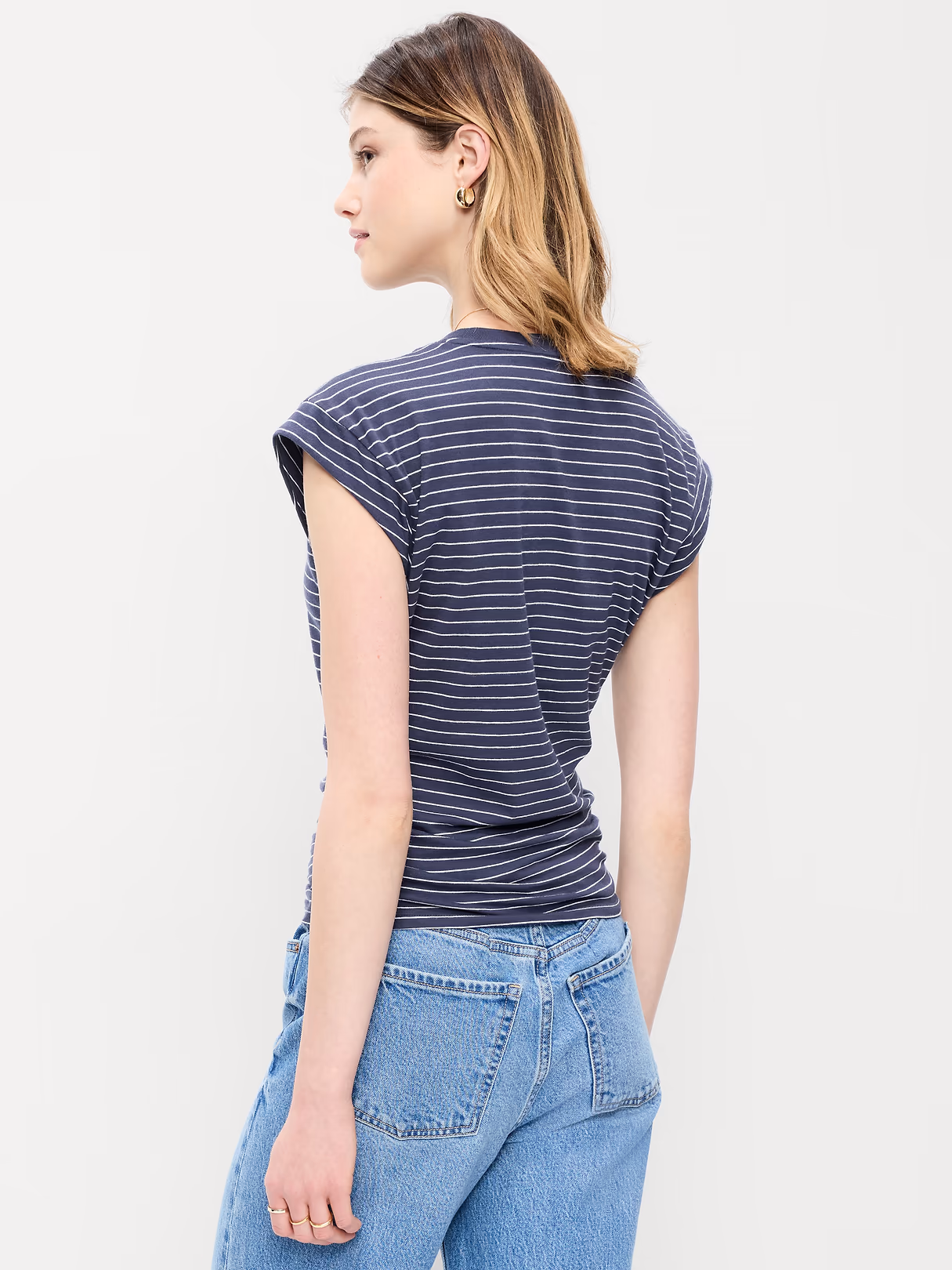 Cap-Sleeve Cinch-Waist Top - Navy Stripe