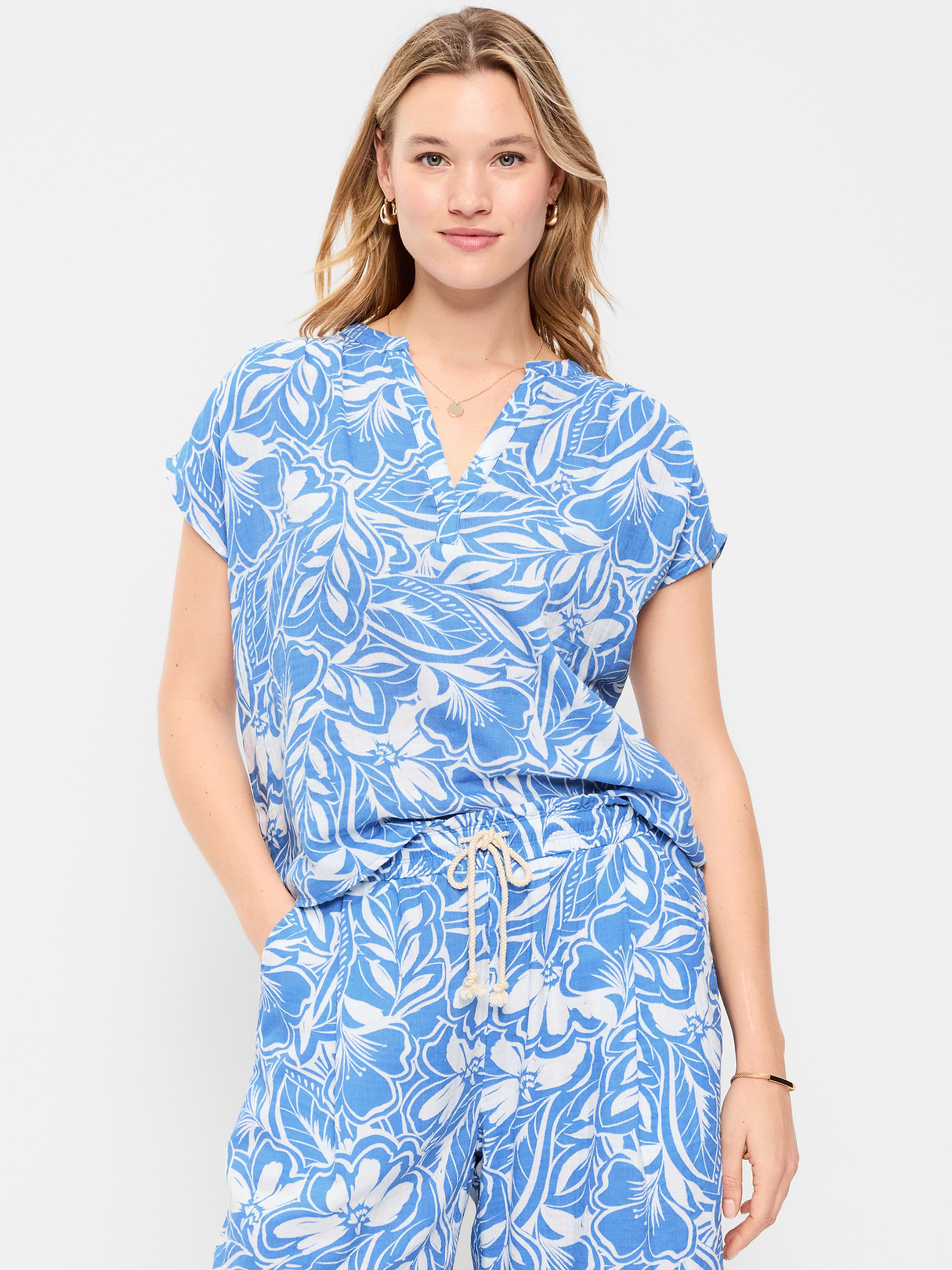 Short-Sleeve Crinkle Gauze Popover Top - Paradise Blue Print