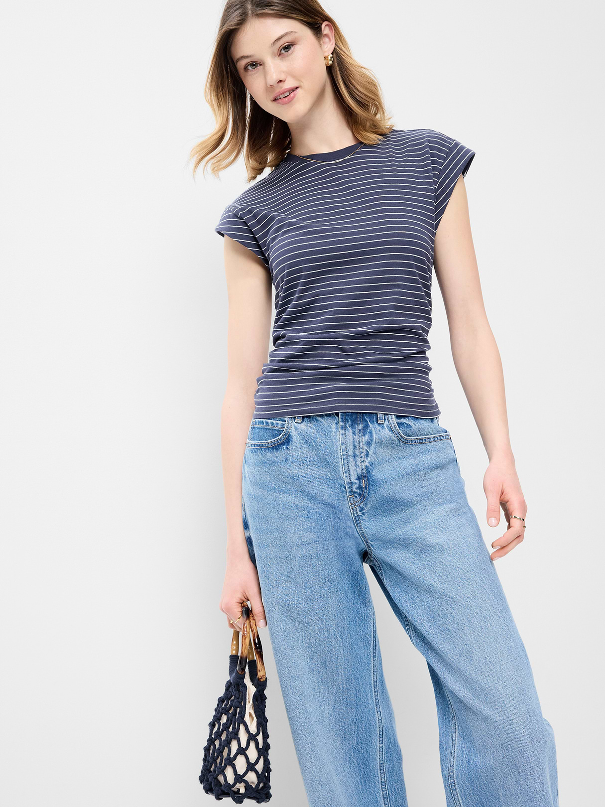 Cap-Sleeve Cinch-Waist Top - Navy Stripe