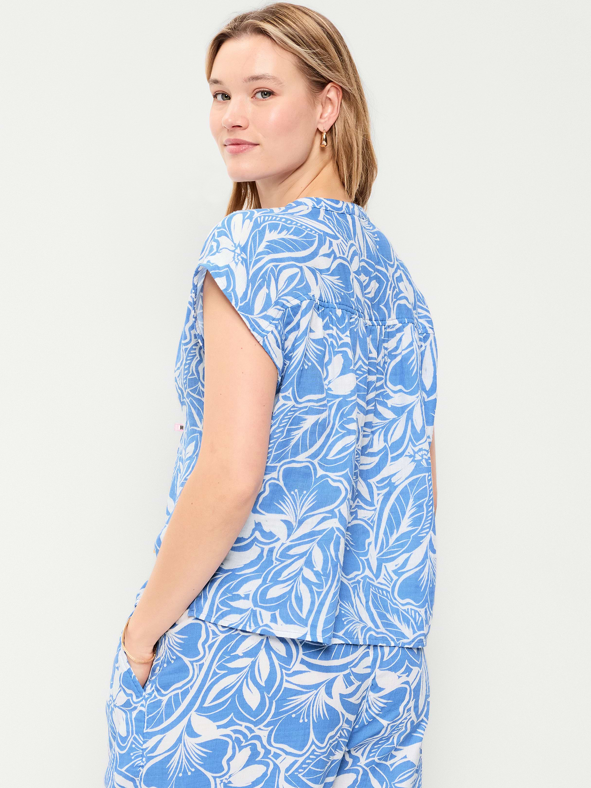 Short-Sleeve Crinkle Gauze Popover Top - Paradise Blue Print