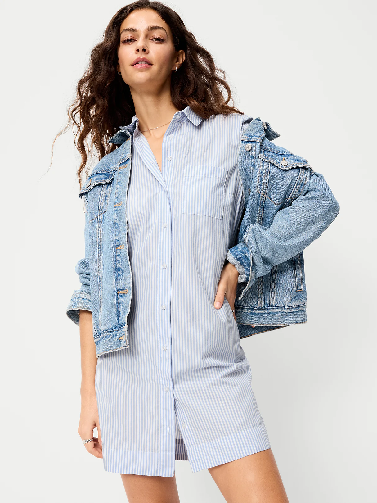 Button-Down Mini Shirt Dress - White & Blue Stripe