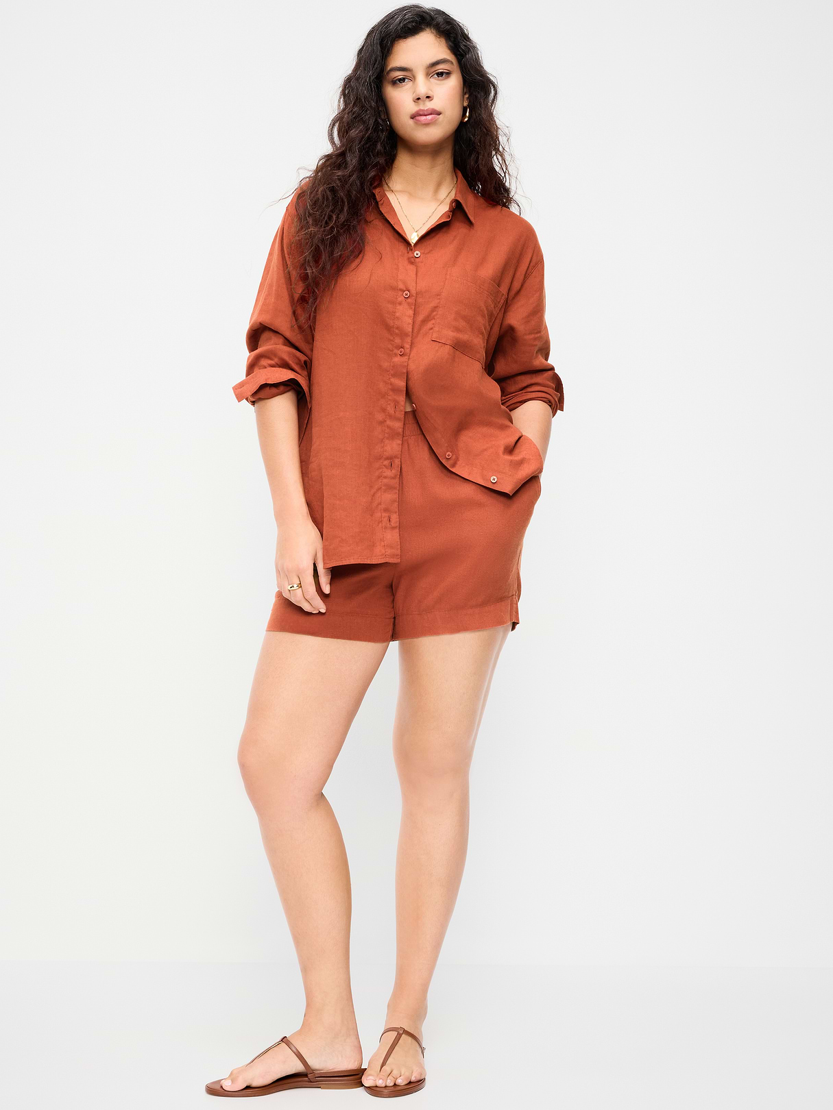 High-Waisted Beach Linen Pull-On Shorts - Russet Moon