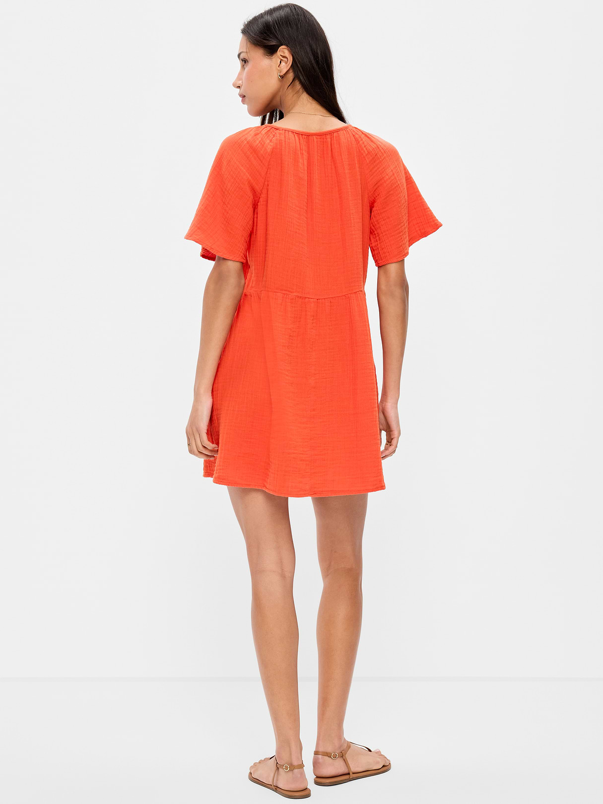 Crinkle Gauze Flutter-Sleeve Mini Swing Dress - Ornament Orange