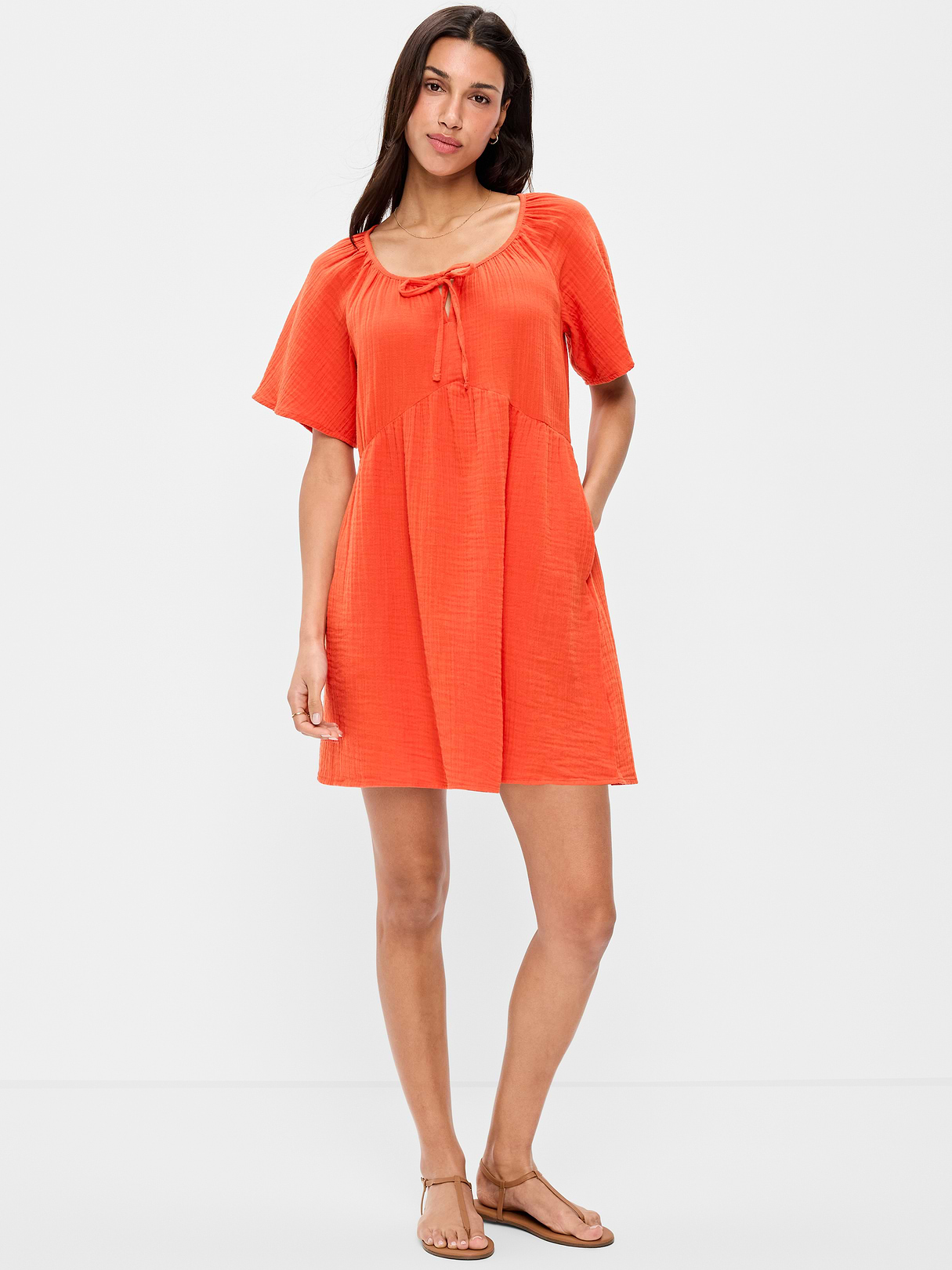 Crinkle Gauze Flutter-Sleeve Mini Swing Dress - Ornament Orange