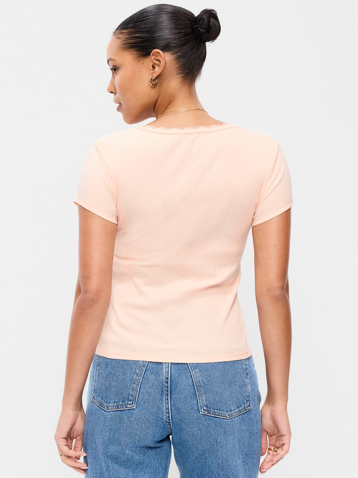 Lace-Trim Sweetheart-Neck Ribbed Top - Peach Gelato