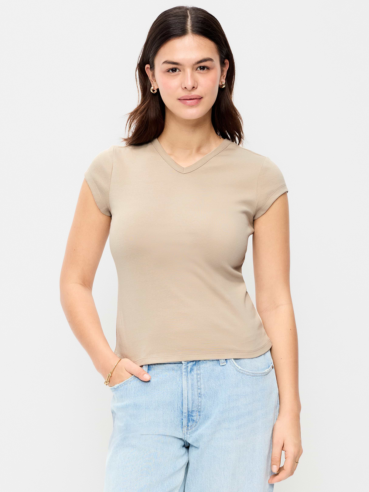 Snug High V-Neck T-Shirt - Mocha Taffy