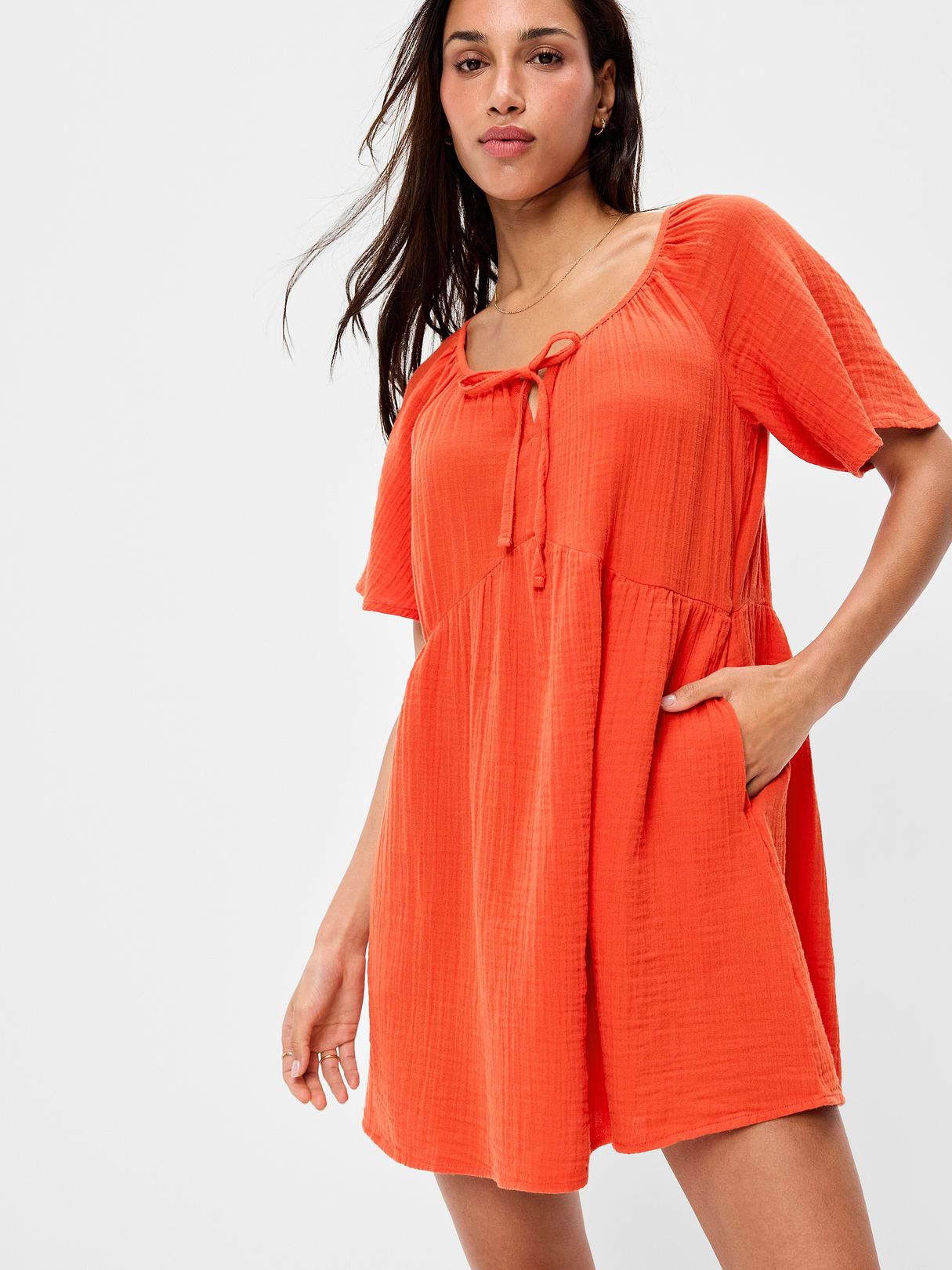 Crinkle Gauze Flutter-Sleeve Mini Swing Dress - Ornament Orange
