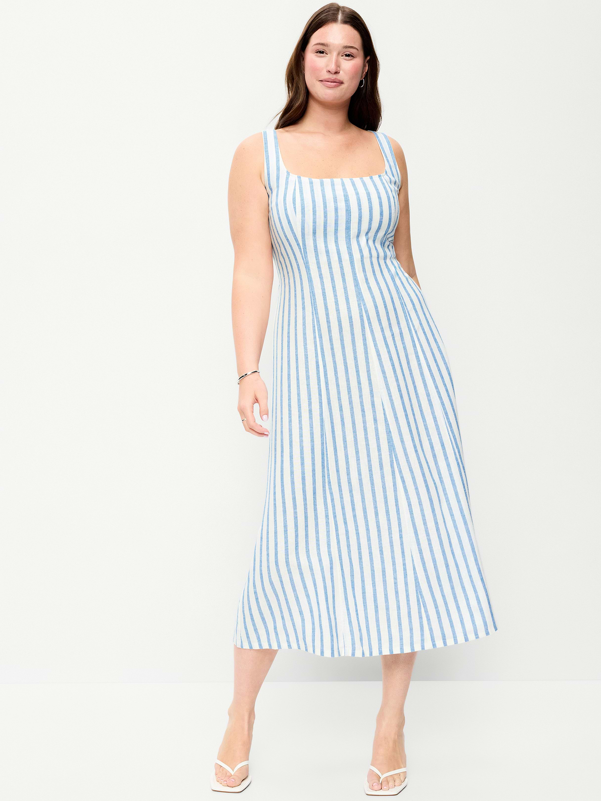 Fit & Flare Sleeveless Linen-Blend Midi Dress - Blue & White Stripe