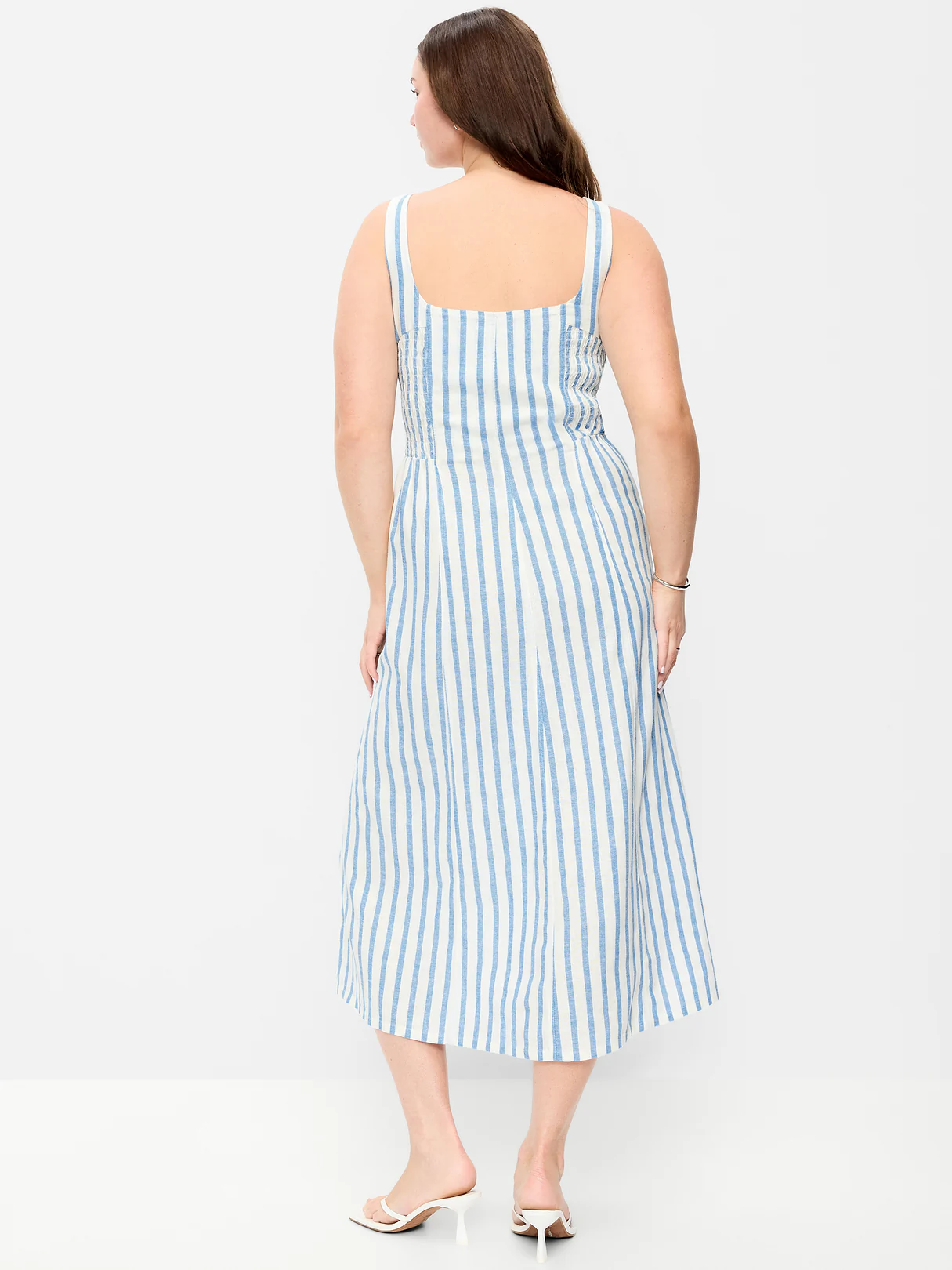 Fit & Flare Sleeveless Linen-Blend Midi Dress - Blue & White Stripe