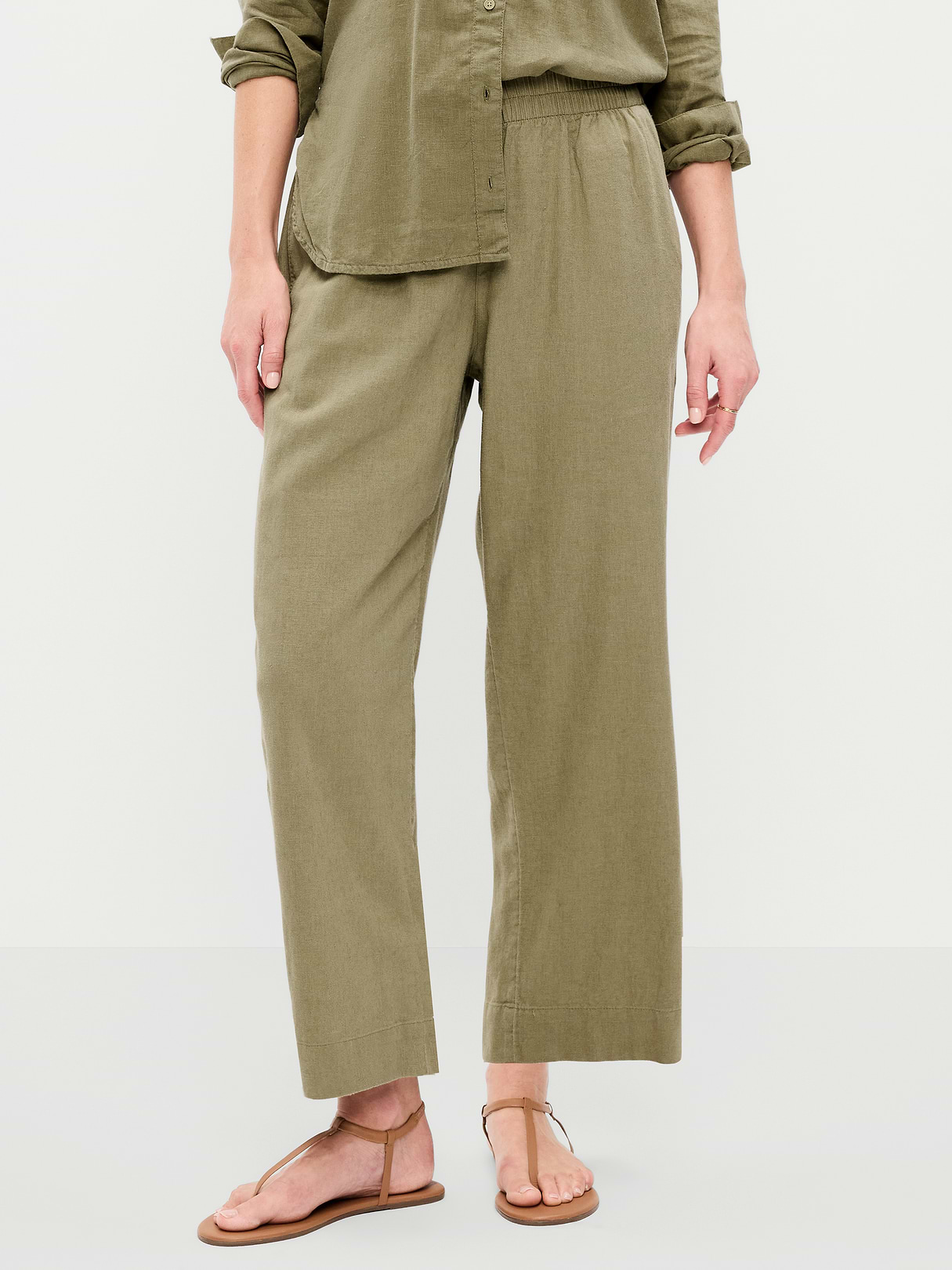High-Waisted Linen-Blend Straight Ankle Pants - Kombu